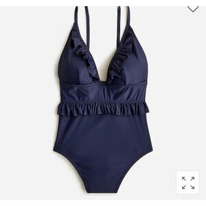 J.Crew Ruffle Plunge One-Piece Swimsuit Size 24 Navy Blue Casual‎ Travel Classic